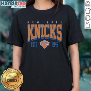 Official New York Knicks NBA Battle Tested Estd 1946 ladies tee featuring team logo and stylish design.