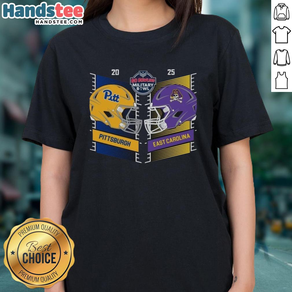Official Pittsburgh Panthers vs East Carolina Pirates 2025 Military Bowl helmet design on a ladies tee.
