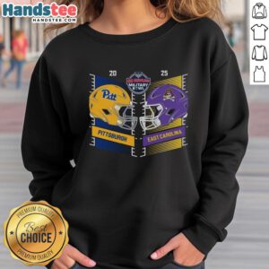 Alt Text: 2025 Military Bowl sweatshirt featuring helmets of Pittsburgh Panthers and East Carolina Pirates in head-to-head design.