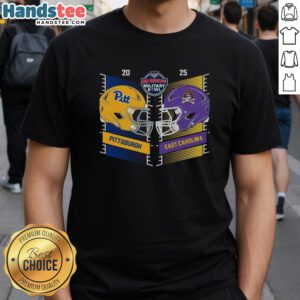 Official Pittsburgh Panthers vs. East Carolina Pirates 2025 Military Bowl head-to-head helmet T-shirt design.