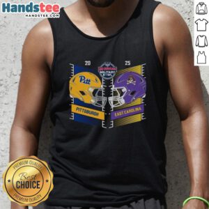 Alt Text: 2025 Military Bowl head-to-head helmet tank top featuring Pittsburgh Panthers and East Carolina Pirates logos.