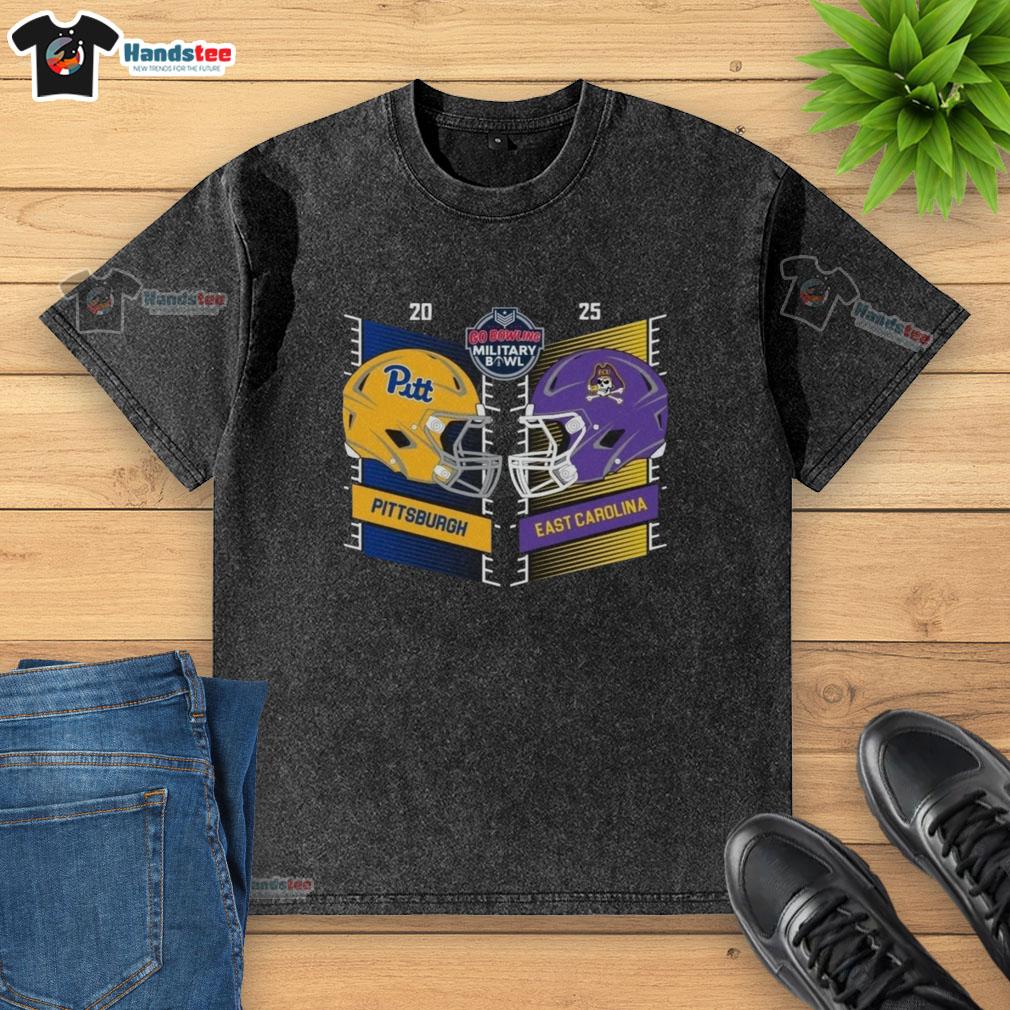 Alt Text: Official Pittsburgh Panthers vs. East Carolina Pirates 2025 Military Bowl head-to-head helmet washed t-shirt design.