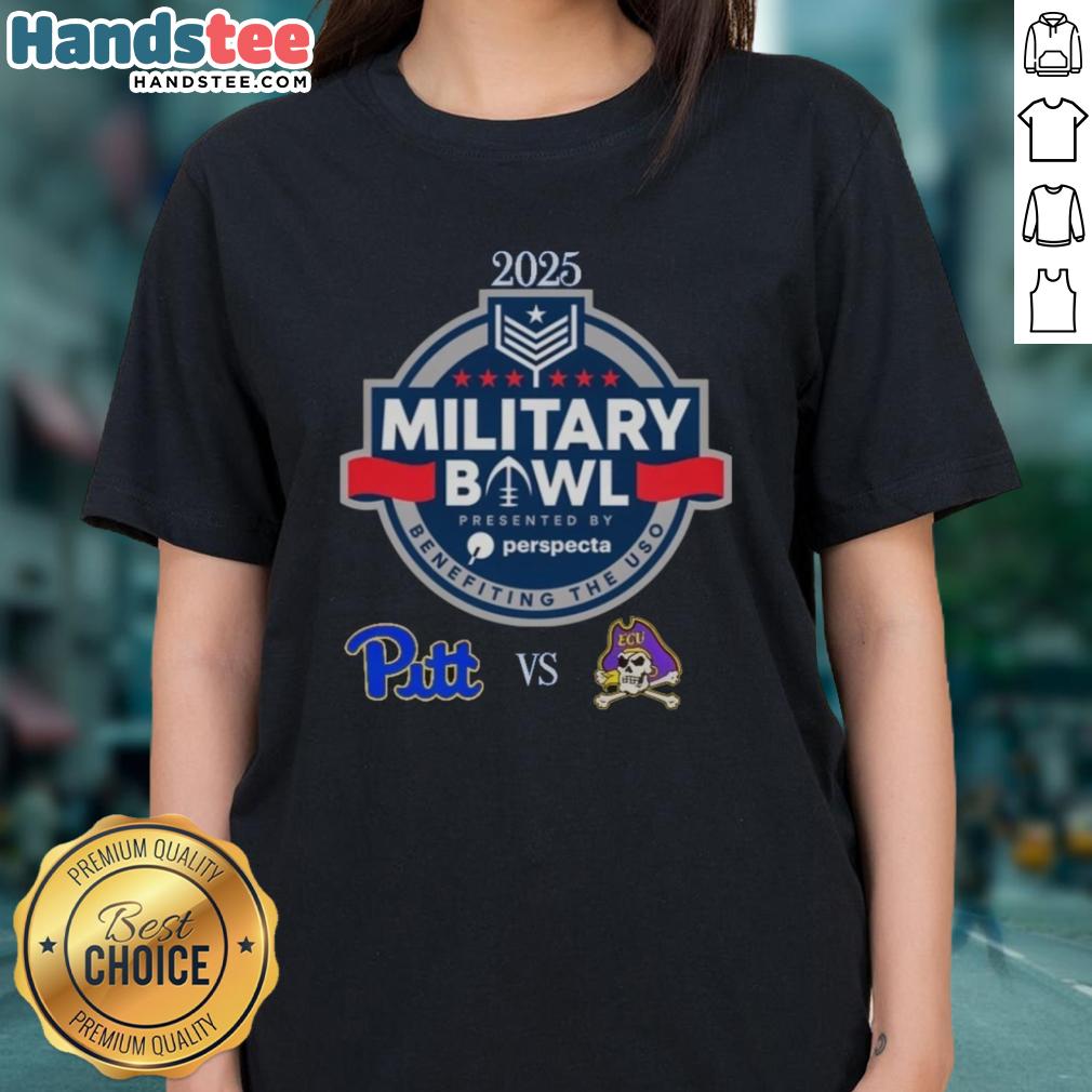 2025 Military Bowl Ladies Tee featuring Pittsburgh Panthers vs. East Carolina Pirates design, perfect for fans.