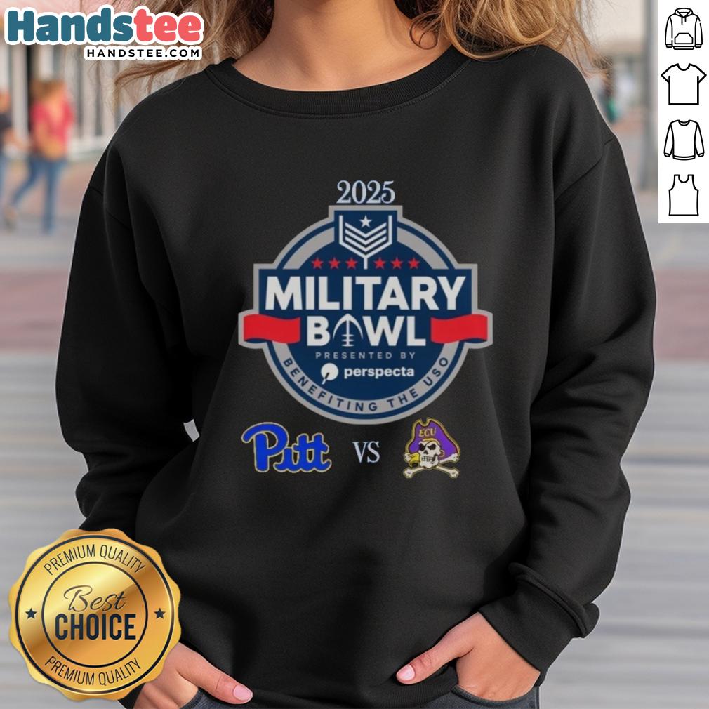 Official Pittsburgh Panthers vs East Carolina Pirates 2025 Military Bowl sweatshirt featuring team logos and vibrant colors.