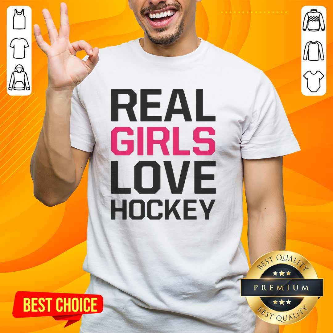 Official Real Girls Love Hockey T-Shirt featuring a stylish design for female hockey fans, perfect for showing team spirit.