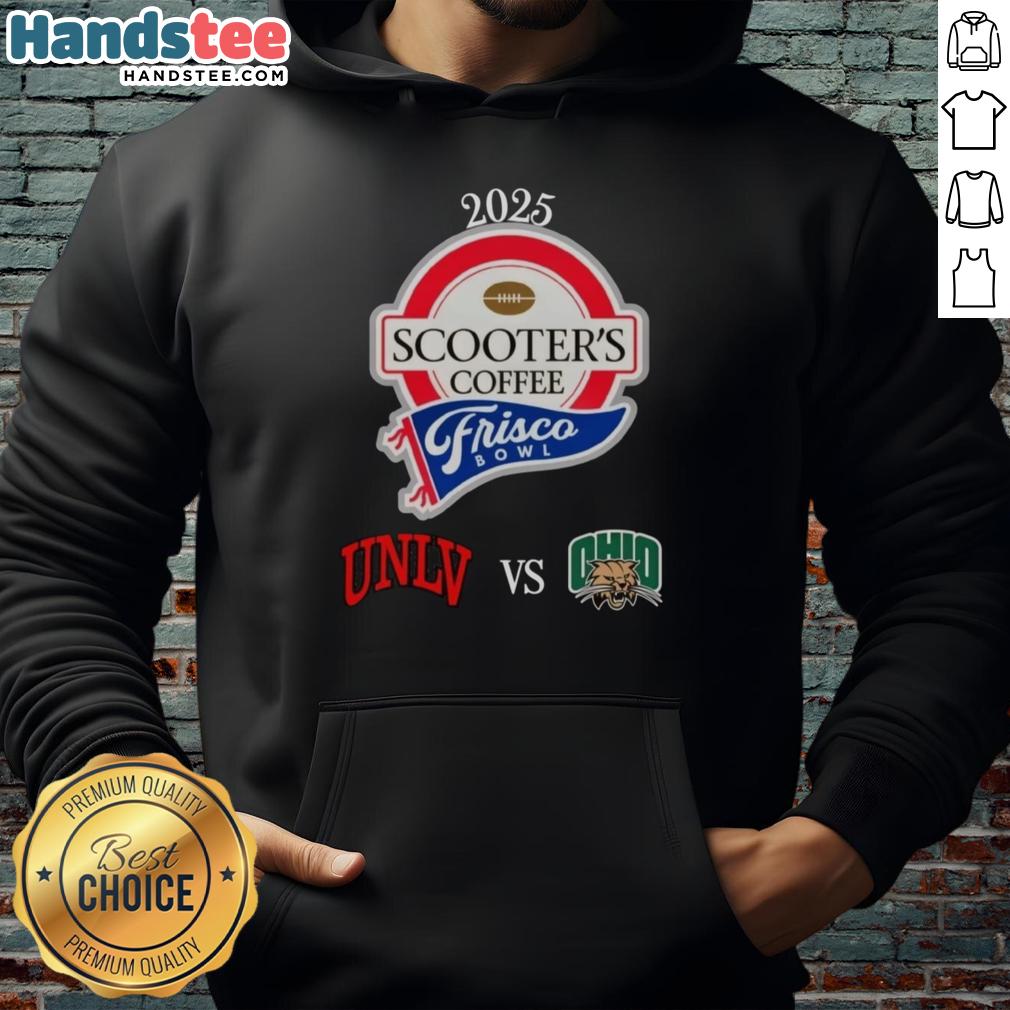 UNLV vs. Ohio Bobcats hoodie from Official Scooters Coffee for Frisco Bowl, featuring team logos and vibrant colors.