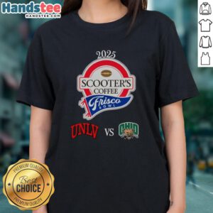 Official Scooters Coffee Frisco Bowl UNLV vs Ohio Bobcats ladies tee featuring team logos and vibrant colors.