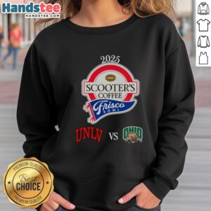 UNLV vs. Ohio Bobcats sweatshirt from Official Scooters Coffee for Frisco Bowl, featuring team logos and vibrant colors.