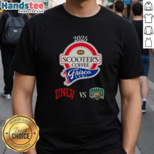 Official Scooter's Coffee Frisco Bowl UNLV vs Ohio Bobcats T-Shirt featuring team logos and vibrant colors.