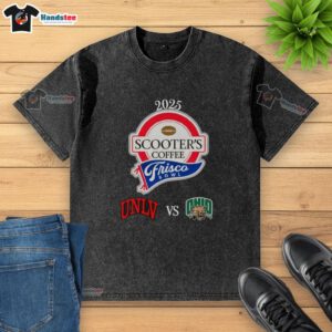 Alt Text: Official Scooters Coffee Frisco Bowl UNLV vs Ohio Bobcats washed t-shirt featuring vibrant team graphics.
