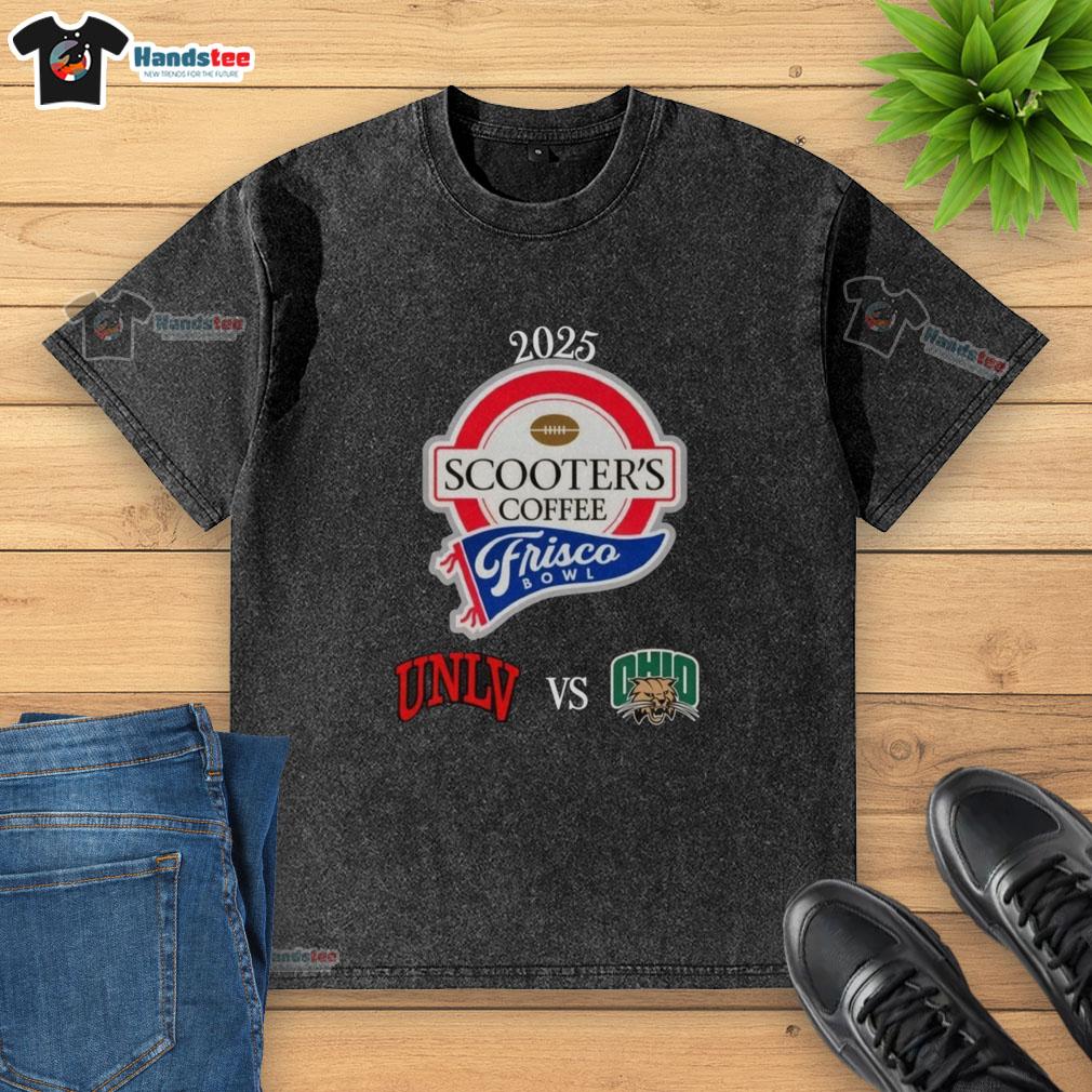 Alt Text: Official Scooters Coffee Frisco Bowl UNLV vs Ohio Bobcats washed t-shirt featuring vibrant team graphics.