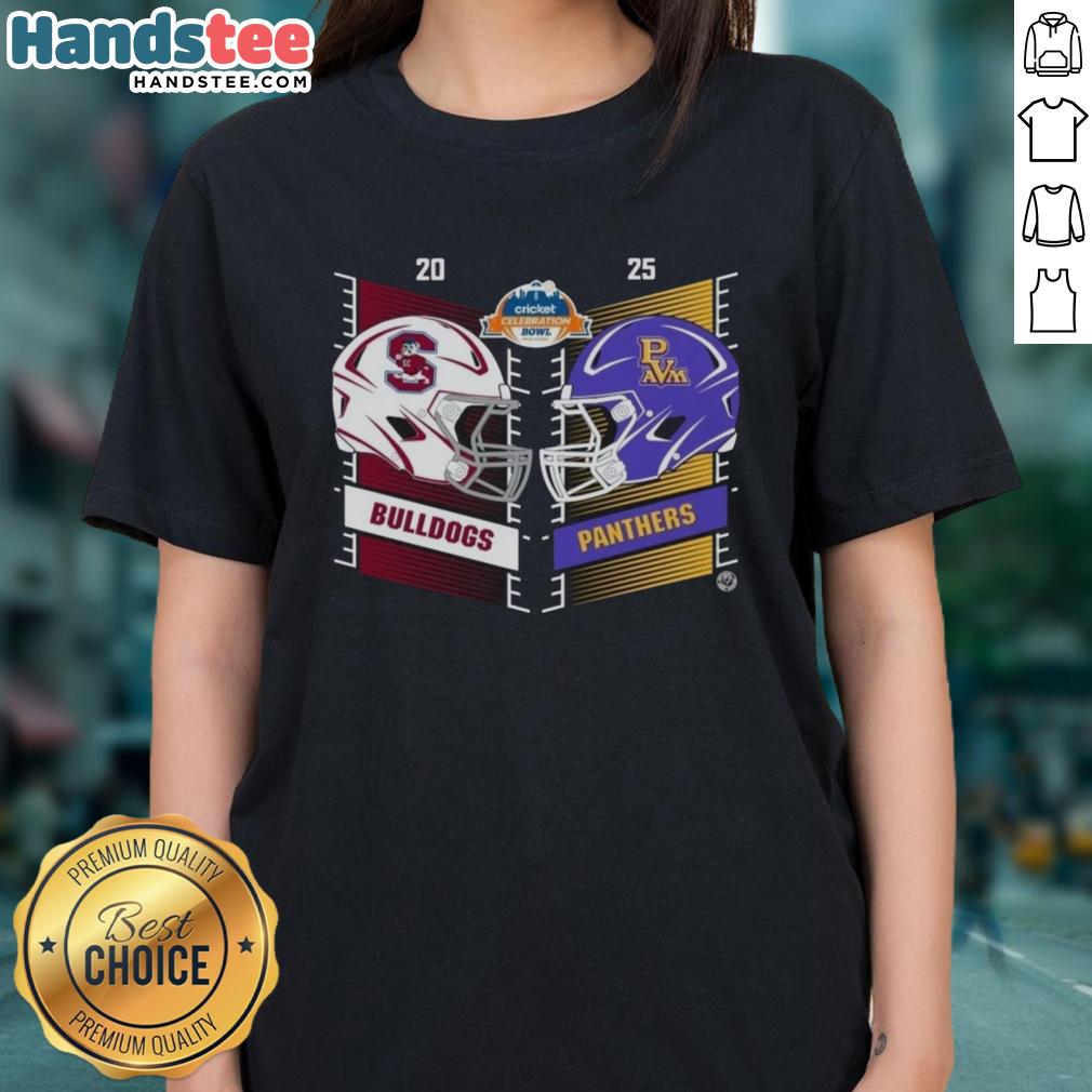 Alt Text: Official South Carolina State Bulldogs vs Prairie View AM Panthers 2025 cricket celebration helmet ladies tee design