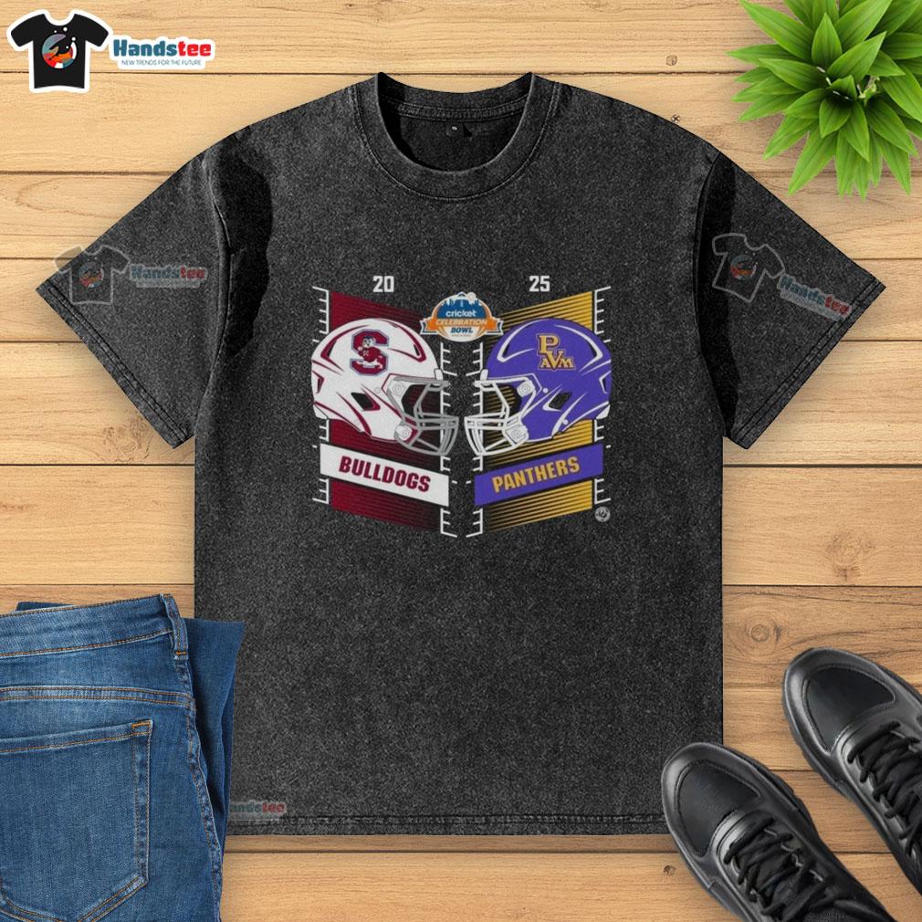 Alt Text: Official South Carolina State Bulldogs vs Prairie View A&M Panthers 2025 Cricket Celebration Helmet T-Shirt design.