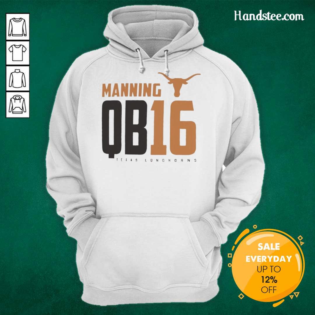 Alt Text: Official Texas Longhorns Manning QB 16 hoodie featuring team colors and logo, perfect for fans and game days.