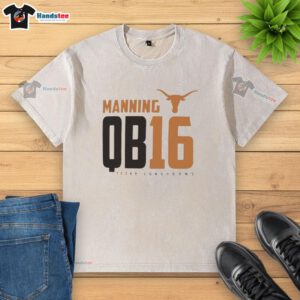 Official Texas Longhorns Manning QB 16 washed t-shirt featuring vibrant team colors and logo for fans and players.