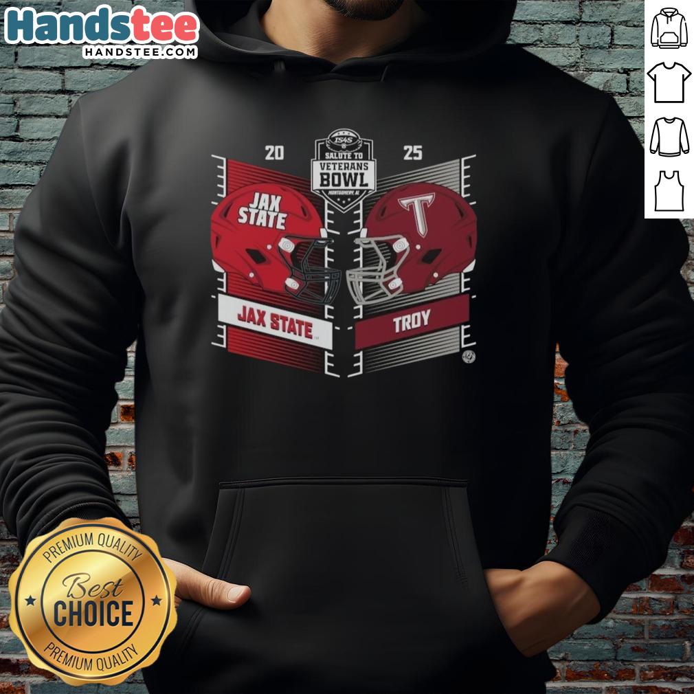 Official Troy Trojans vs Jacksonville State Gamecocks 2025 Salute to Veterans Bowl helmet hoodie displayed prominently.
