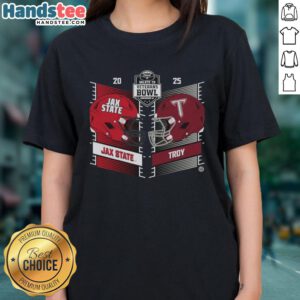 Official Troy Trojans vs Jacksonville State Gamecocks 2025 Salute to Veterans Bowl helmet on a ladies tee.