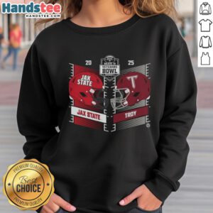Alt Text: Official Troy Trojans vs Jacksonville State Gamecocks 2025 Salute to Veterans Bowl helmet sweatshirt design.