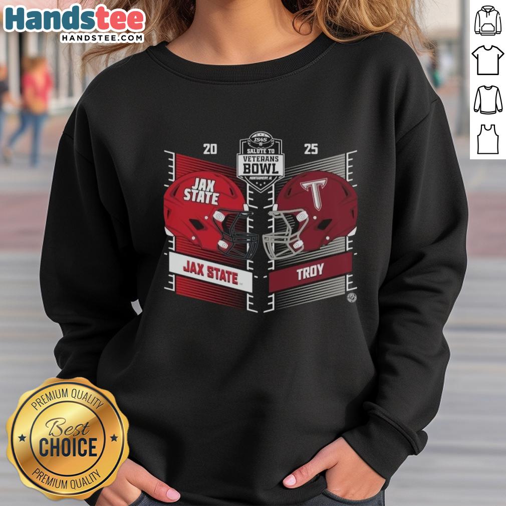 Alt Text: Official Troy Trojans vs Jacksonville State Gamecocks 2025 Salute to Veterans Bowl helmet sweatshirt design.