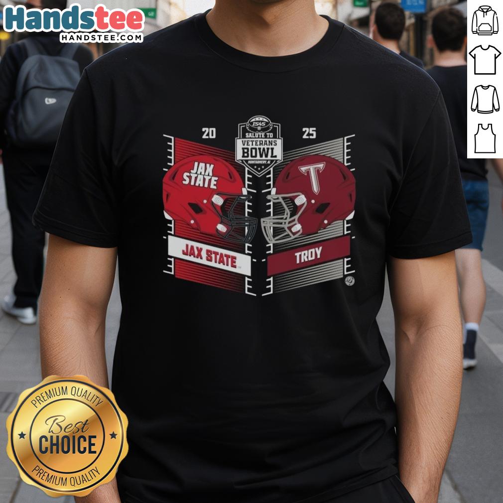 Alt Text: Official Troy Trojans vs Jacksonville State Gamecocks 2025 Salute To Veterans Bowl helmet t-shirt design