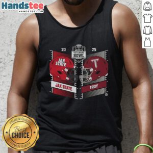 Official Troy Trojans vs Jacksonville State Gamecocks 2025 Salute to Veterans Bowl helmet tank top design.