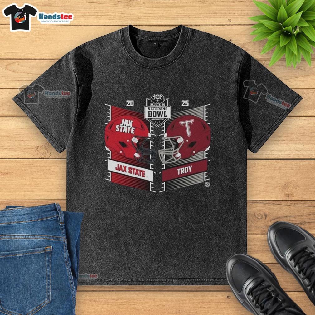 Official Troy Trojans vs Jacksonville State Gamecocks 2025 Salute to Veterans Bowl helmet washed t-shirt design.