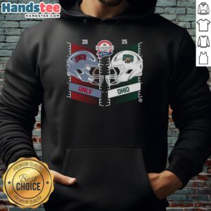 UNLV Rebels vs Ohio Bobcats 2025 Frisco Bowl helmet and hoodie, showcasing team spirit and game day excitement.