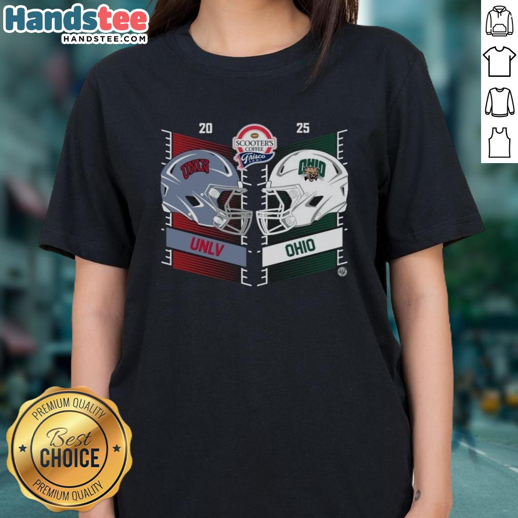 2025 Frisco Bowl head-to-head helmet design featuring UNLV Rebels vs. Ohio Bobcats on a ladies tee from Scooters Coffee.