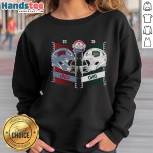 Alt Text: UNLV Rebels vs Ohio Bobcats 2025 Frisco Bowl sweatshirt featuring team helmets and Scooters Coffee logo.