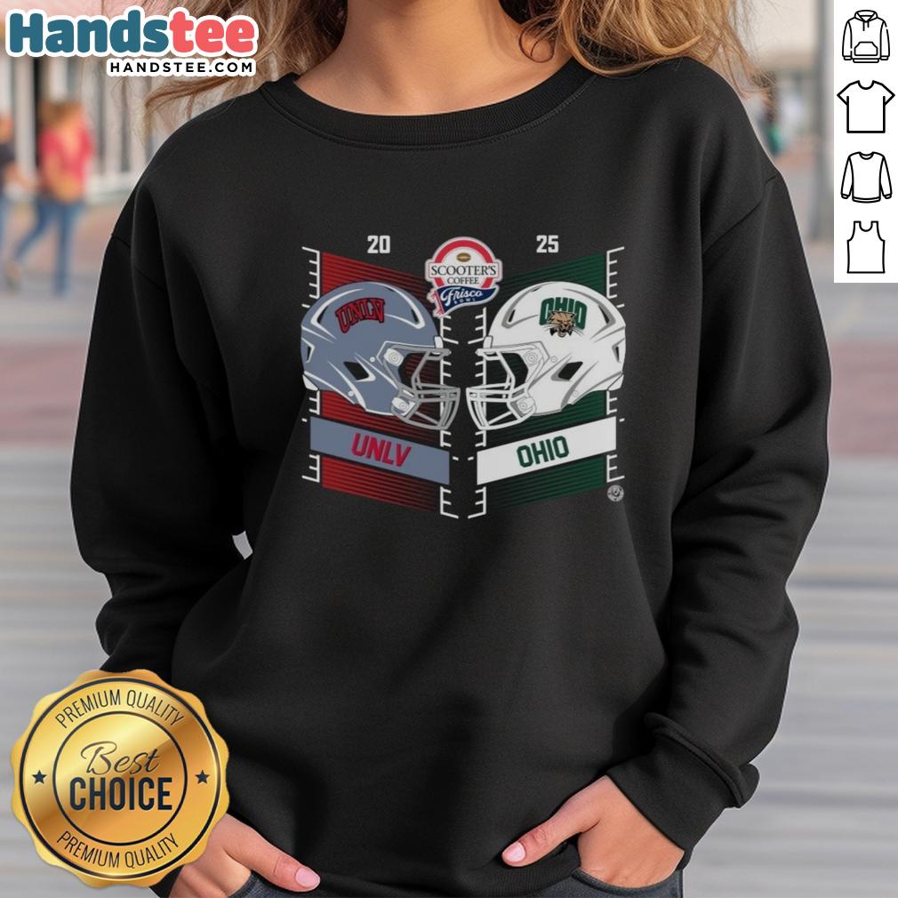 Alt Text: UNLV Rebels vs Ohio Bobcats 2025 Frisco Bowl sweatshirt featuring team helmets and Scooters Coffee logo.