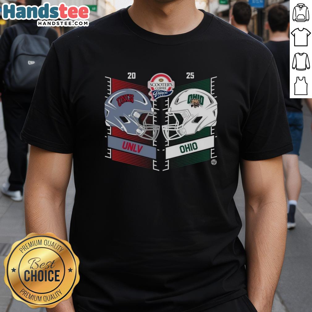 Alt Text: UNLV Rebels vs Ohio Bobcats 2025 Frisco Bowl helmet t-shirt featuring team logos and vibrant colors.