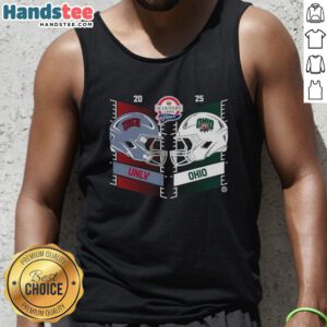 UNLV Rebels vs Ohio Bobcats 2025 Frisco Bowl helmet tank top featuring team logos and vibrant design.