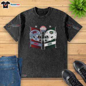 UNLV Rebels vs Ohio Bobcats 2025 Frisco Bowl helmet graphic on a washed t-shirt, showcasing team spirit and rivalry.