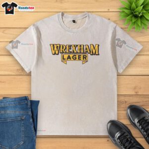 Original Wrexham Lager washed t-shirt in soft fabric, featuring the iconic logo, perfect for casual wear and fans.