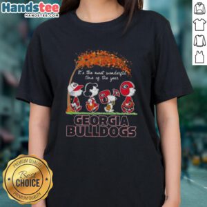 Premium Georgia Bulldogs X Peanuts Snoopy and Friends autumn tee for ladies, celebrating the most wonderful time of the year.
