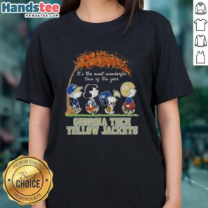 Premium Georgia Tech Yellow Jackets tee featuring Snoopy and friends, perfect for autumn celebrations.