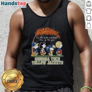 Premium Georgia Tech Yellow Jackets X Peanuts Snoopy tank top for autumn, celebrating the most wonderful time of the year.