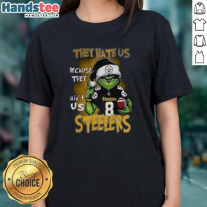 Premium Grinch Santa Hat with Pittsburgh Steelers NFL logo, perfect for Christmas ladies' tee celebrating team spirit.