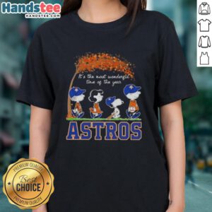 Premium Houston Astros X Peanuts Snoopy and Friends Autumn tee for ladies, celebrating the most wonderful time of the year.