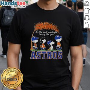 Alt Text: Premium Houston Astros X Peanuts Snoopy and Friends autumn t-shirt celebrating the joy of the season.
