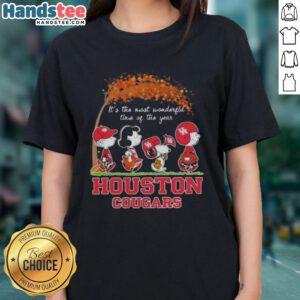 Premium Houston Cougars x Peanuts Snoopy autumn ladies tee celebrating the most wonderful time of the year.