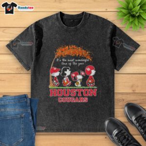 Premium Houston Cougars X Peanuts Snoopy autumn t-shirt featuring festive design for the most wonderful time of the year.