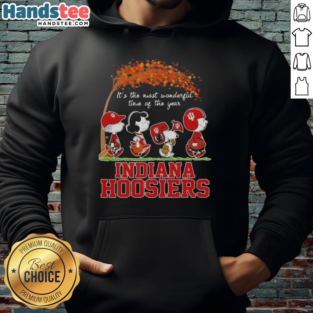 Premium Indiana Hoosiers X Peanuts Snoopy and Friends hoodie for autumn, celebrating 'It's the Most Wonderful Time of the Year.'