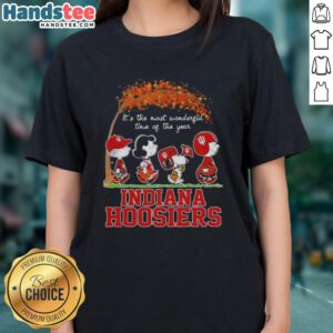 Alt Text: Premium Indiana Hoosiers X Peanuts Snoopy and Friends autumn ladies tee for the most wonderful time of the year.