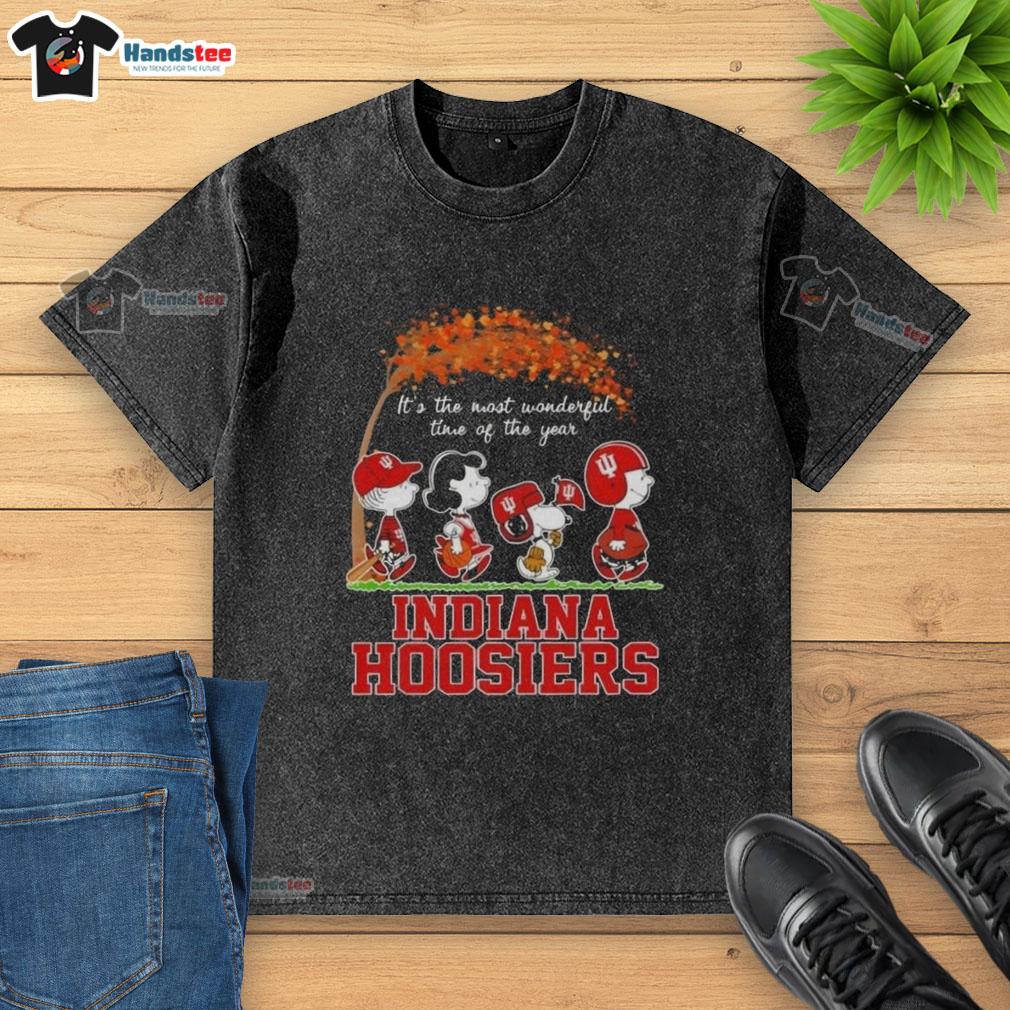 Alt Text: Premium Indiana Hoosiers X Peanuts Snoopy and Friends autumn t-shirt showcasing a festive design for fall celebrations.