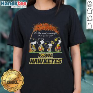 Premium Iowa Hawkeyes X Peanuts Snoopy and Friends autumn ladies tee celebrating the most wonderful time of the year.
