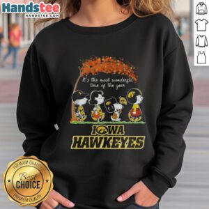 Alt Text: Premium Iowa Hawkeyes X Peanuts Snoopy and Friends autumn sweatshirt celebrating the most wonderful time of the year.