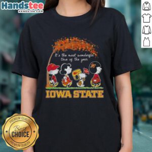 Alt Text: Premium Iowa State Cyclones X Peanuts Snoopy tee for women, celebrating autumn and the holiday season.