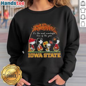 Alt Text: Premium Iowa State Cyclones sweatshirt featuring Snoopy and friends celebrating autumn's most wonderful time.