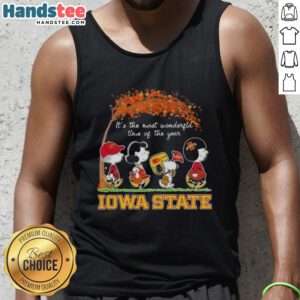 Premium Iowa State Cyclones X Peanuts Snoopy tank top featuring autumn design, perfect for the most wonderful time of the year.